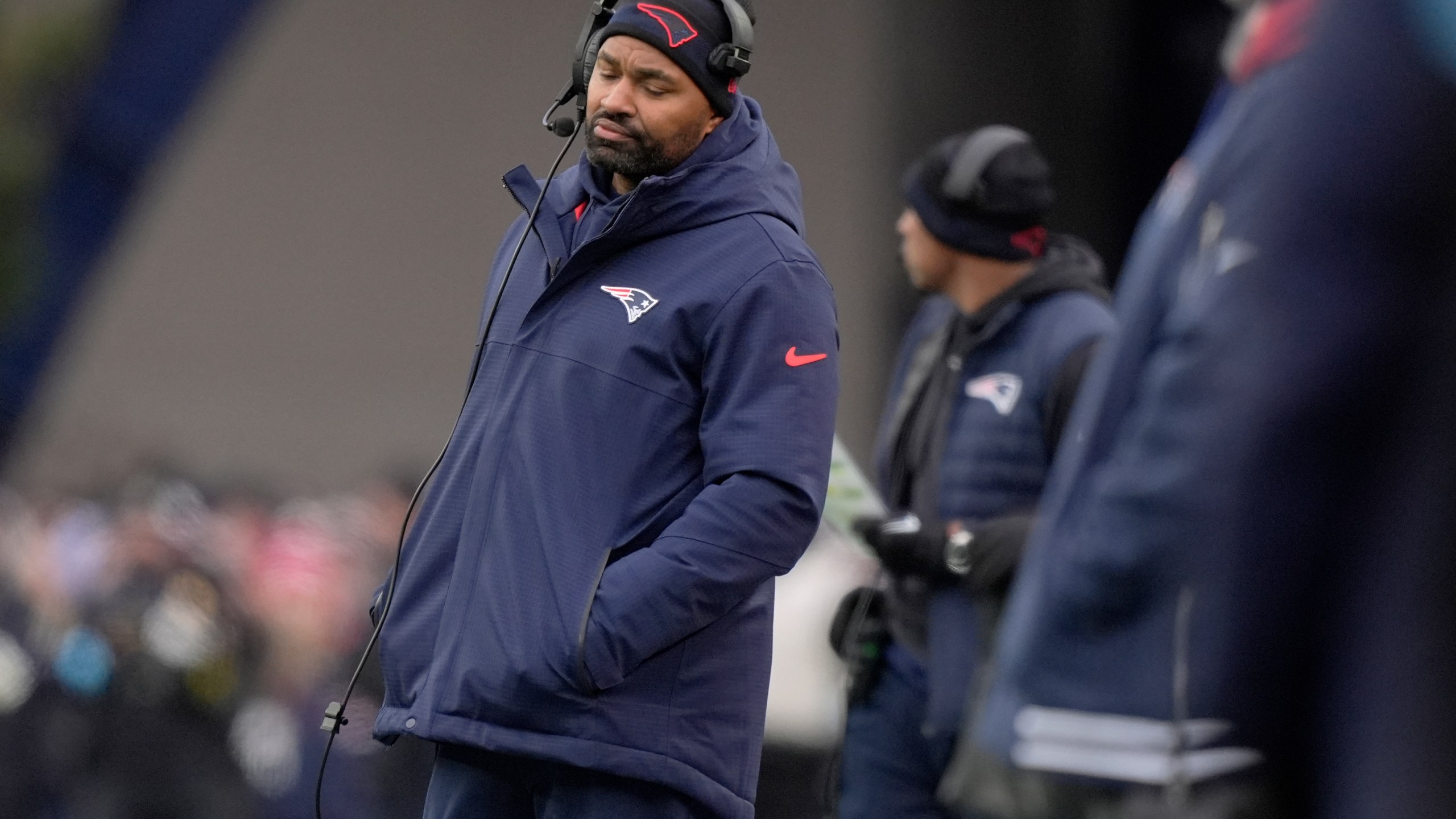 New England Patriots head coach Jerod Mayo on the sideline during the first half of an NFL football game against the Buffalo Bills, Sunday, Jan. 5, 2025, in Foxborough, Mass. (AP Photo/Robert F. Bukaty)