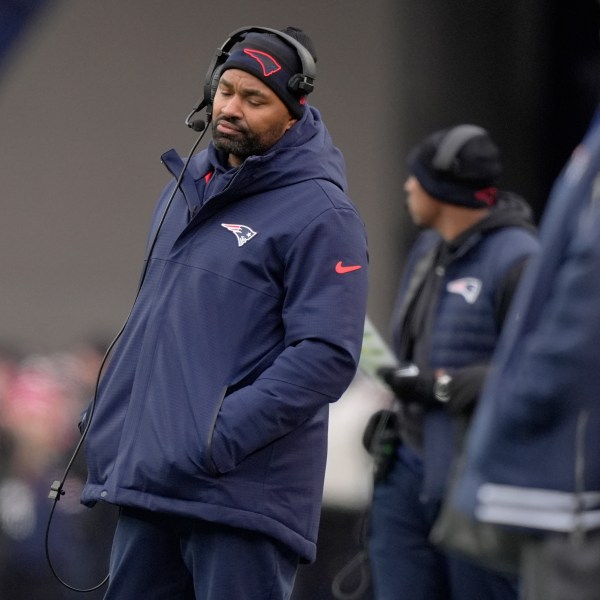 New England Patriots head coach Jerod Mayo on the sideline during the first half of an NFL football game against the Buffalo Bills, Sunday, Jan. 5, 2025, in Foxborough, Mass. (AP Photo/Robert F. Bukaty)