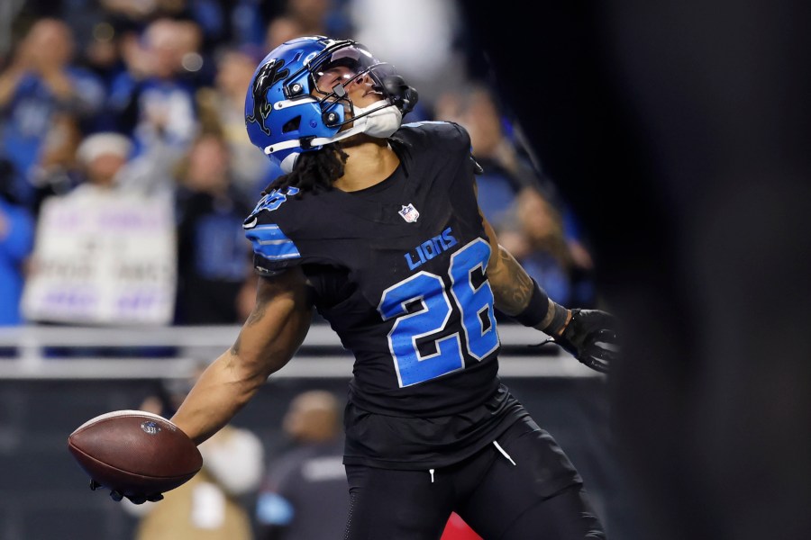 Detroit Lions running back Jahmyr Gibbs (26) celebrates his touchdown catch against the Minnesota Vikings during the second half of an NFL football game Sunday, Jan. 5, 2025, in Detroit. (AP Photo/Rey Del Rio)