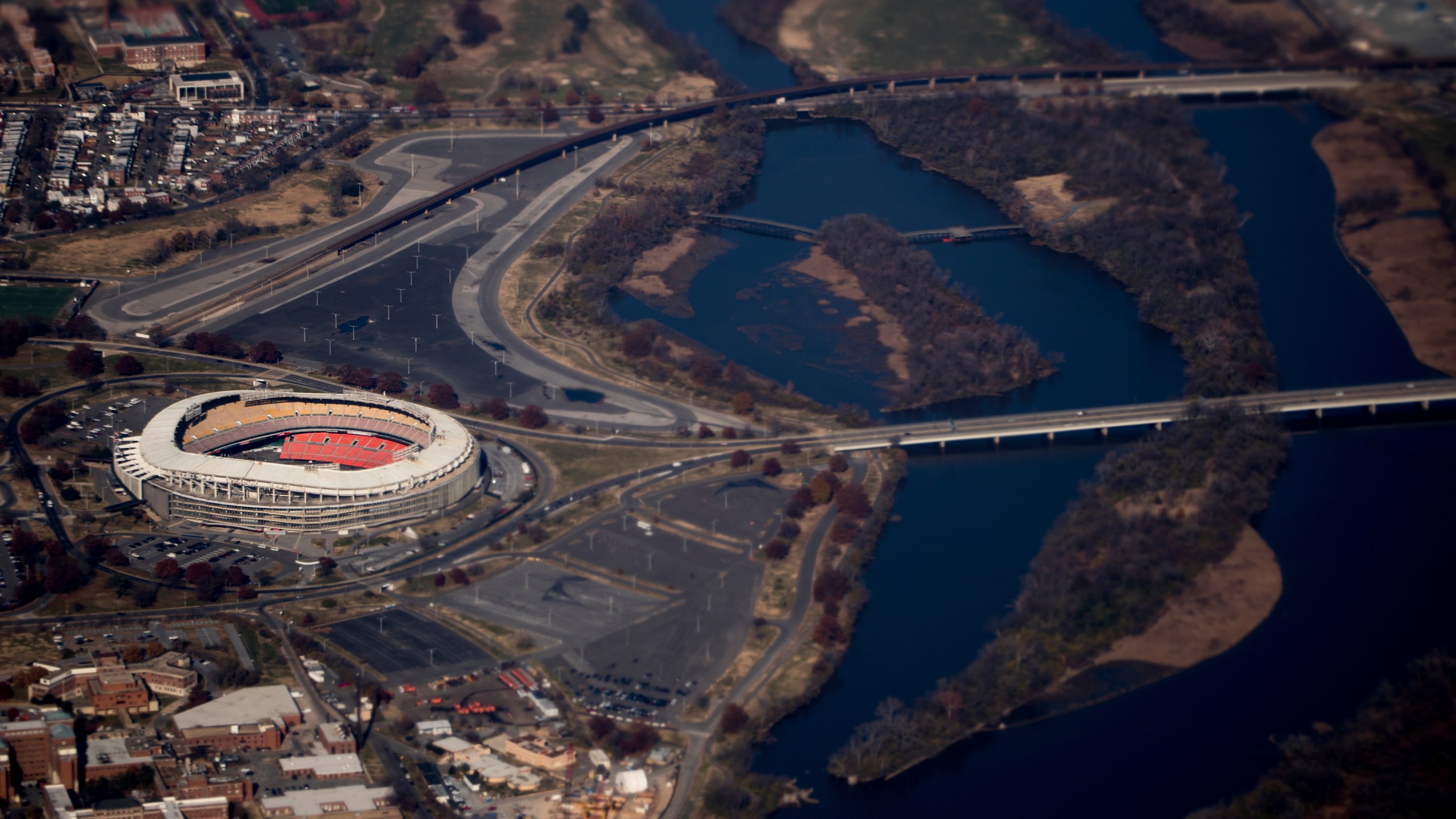 FILE - RFK Stadium is visible from Air Force One as it takes off from Andrews Air Force Base, Md., Nov. 29, 2017. (AP Photo/Andrew Harnik, File)