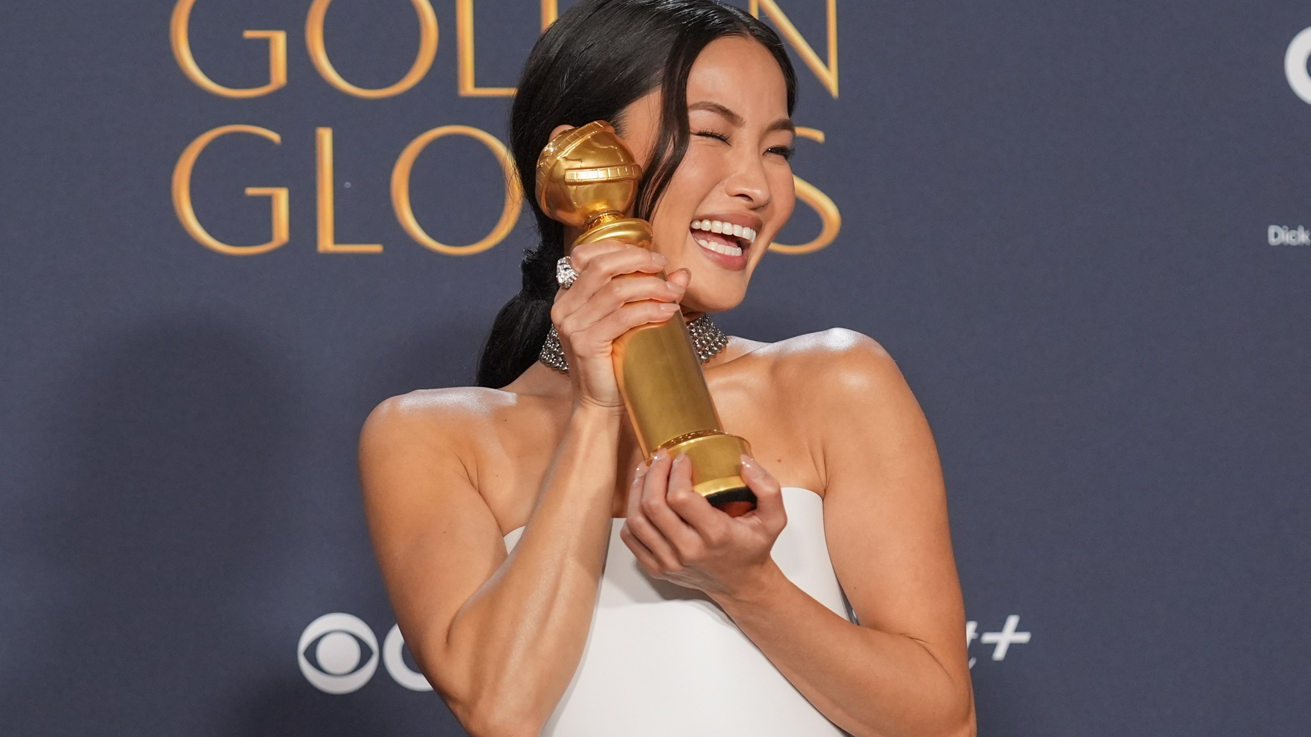 Anna Sawai poses in the press room with the award for best performance by a female actor in a television series - drama for "Shogun" during the 82nd Golden Globes on Sunday, Jan. 5, 2025, at the Beverly Hilton in Beverly Hills, Calif. (AP Photo/Chris Pizzello)