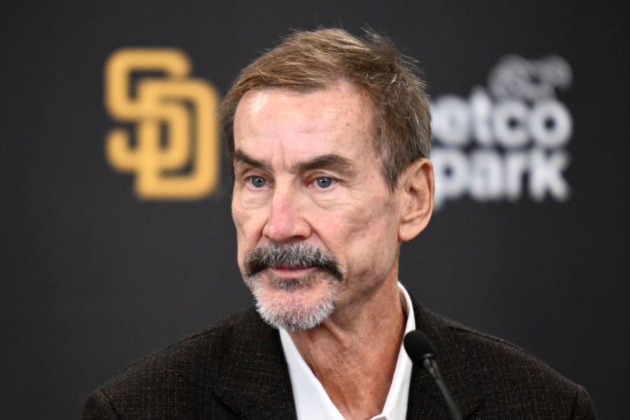 FILE - San Diego Padres Chairman Peter Seidler speaks at a news conference to announce finalizing a contract with Xander Bogaerts, Friday, Dec. 9, 2022, in San Diego. (AP Photo/Denis Poroy, File)