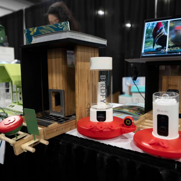 Birdfy showcases their bird feeders with built-in cameras during 2025 CES Unveiled, Sunday, Jan. 5, 2025, in Las Vegas. (Photo by Jack Dempsey)