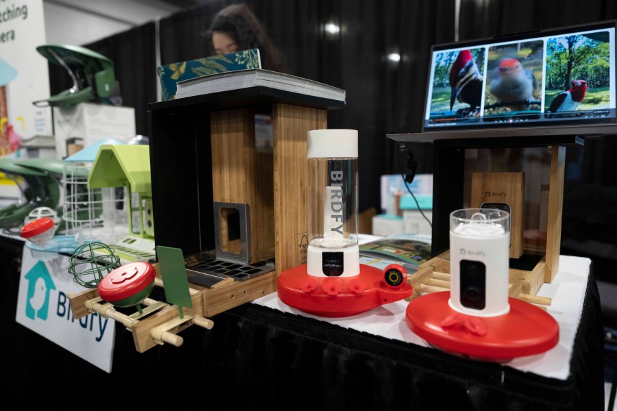 Birdfy showcases their bird feeders with built-in cameras during 2025 CES Unveiled, Sunday, Jan. 5, 2025, in Las Vegas. (Photo by Jack Dempsey)