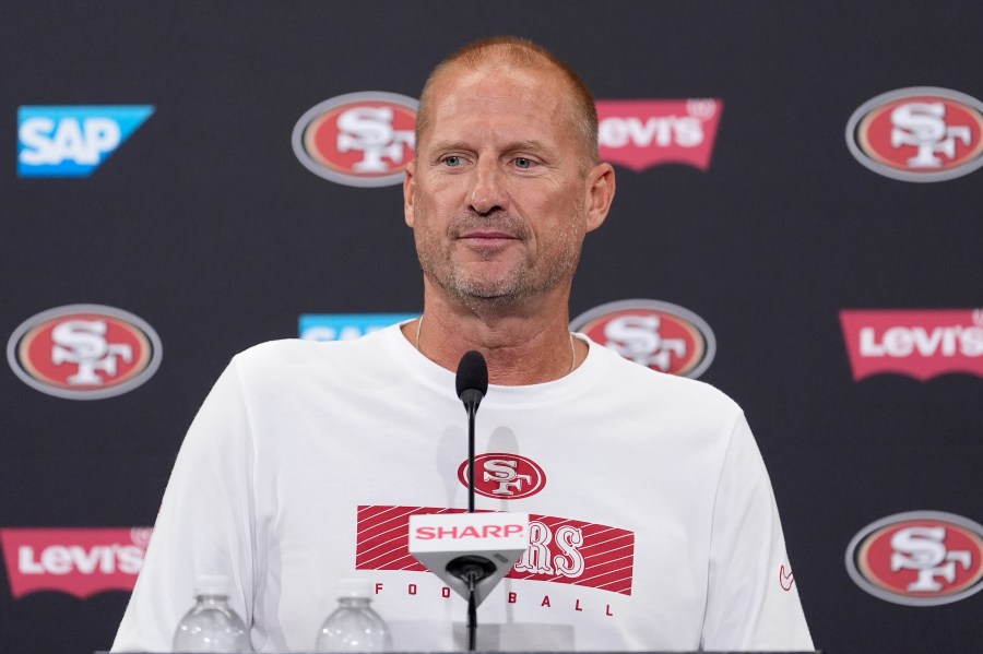 FILE - San Francisco 49ers special teams coordinator Brian Schneider speaks at a news conference during NFL football training camp in Santa Clara, Calif., July 30, 2024. (AP Photo/Jeff Chiu, File)