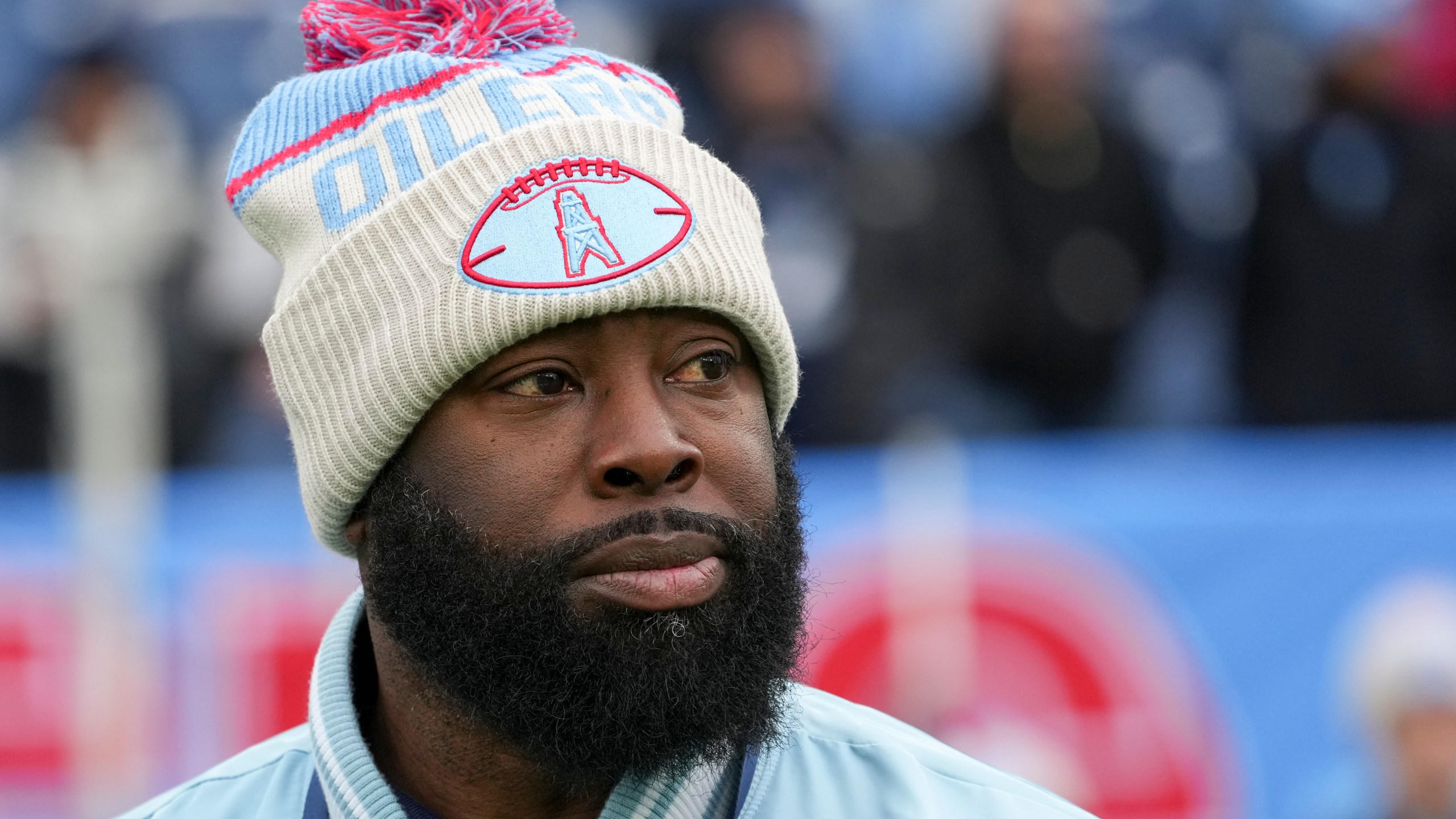 Tennessee Titans general manager Ran Carthon before an NFL football game against the Houston Texans, Sunday, Jan. 5, 2025, in Nashville, Tenn. (AP Photo/George Walker IV)