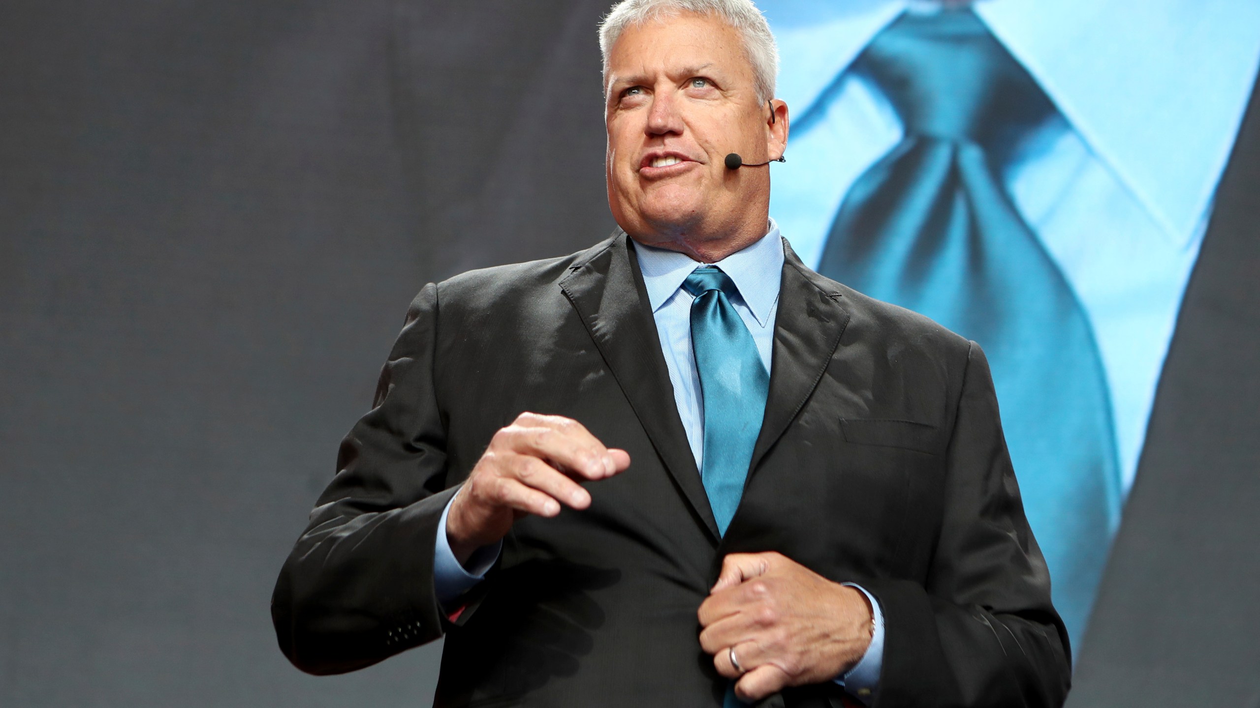 FILE - Former NFL football head coach Rex Ryan speaks on Day 3 of the NFL football draft in Nashville, Tenn., April 27, 2019. (AP Photo/Gregory Payan, File)