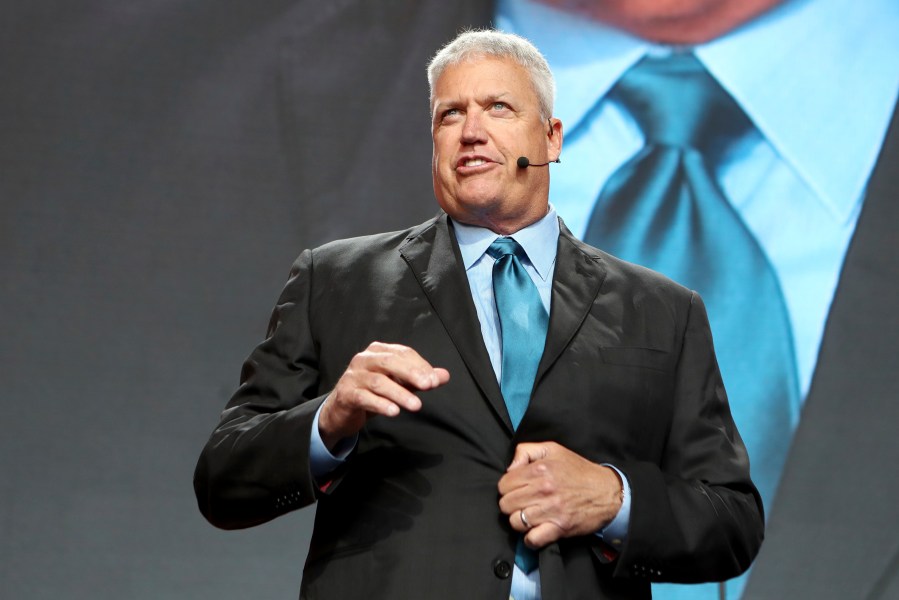 FILE - Former NFL football head coach Rex Ryan speaks on Day 3 of the NFL football draft in Nashville, Tenn., April 27, 2019. (AP Photo/Gregory Payan, File)