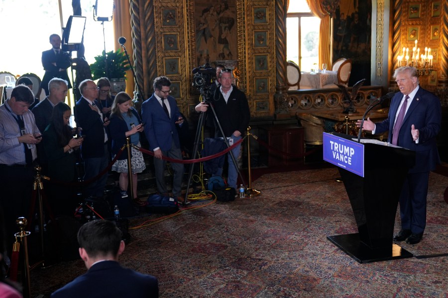 President-elect Donald Trump speaks during a news conference at Mar-a-Lago, Tuesday, Jan. 7, 2025, in Palm Beach, Fla. (AP Photo/Evan Vucci)