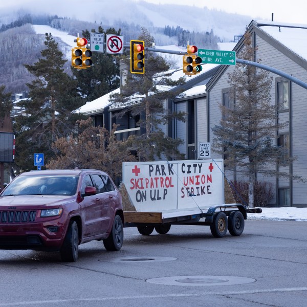 Park City Ski Patrol strike requesting livable wages in Park City, Utah, Tuesday, Jan 7. 2025. (AP Photo/Melissa Majchrzak)