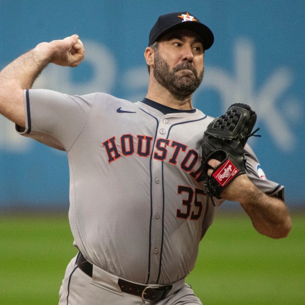 FILE - Houston Astros starting pitcher Justin Verlander delivers against the Cleveland Guardians during the first inning of a baseball game in Cleveland, Sept. 28, 2024. (AP Photo/Phil Long, File)