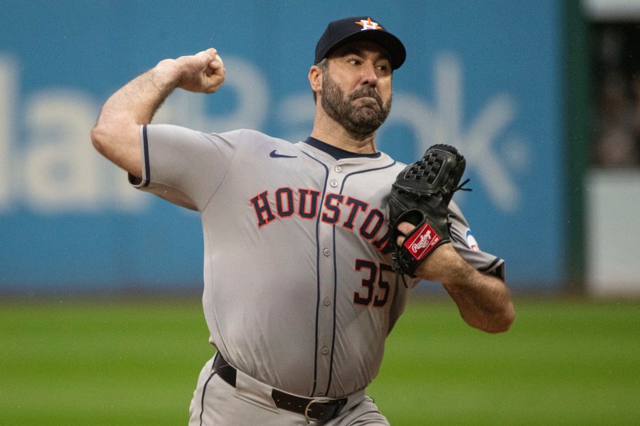 FILE - Houston Astros starting pitcher Justin Verlander delivers against the Cleveland Guardians during the first inning of a baseball game in Cleveland, Sept. 28, 2024. (AP Photo/Phil Long, File)