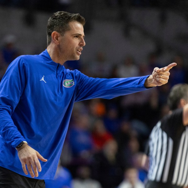 Florida head coach Todd Golden reacts during the first half of an NCAA college basketball game against Tennessee, Tuesday, Jan. 7, 2025, in Gainesville, Fla. (AP Photo/Alan Youngblood)