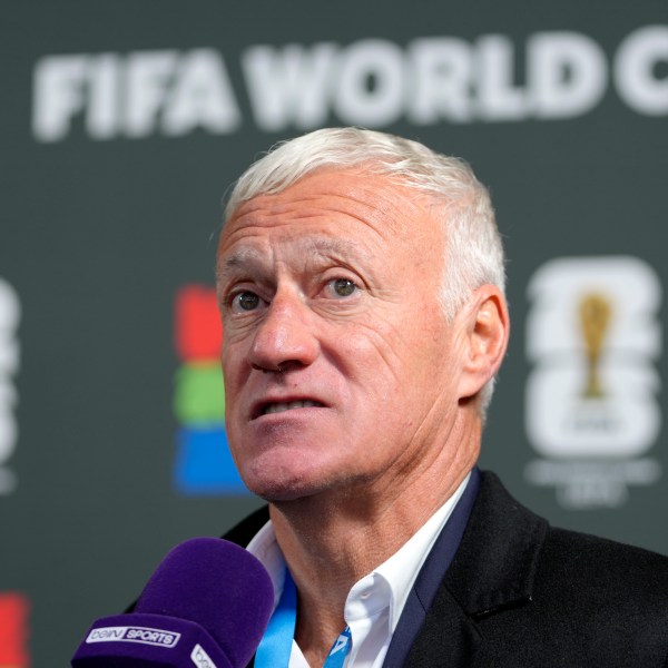 France head coach Didier Deschamps talks to the media after the UEFA Preliminary Draw for the 2026 FIFA World Cup at FIFA headquarters in Zurich, Switzerland, Friday, December 13, 2024. (AP Photo/Martin Meissner)