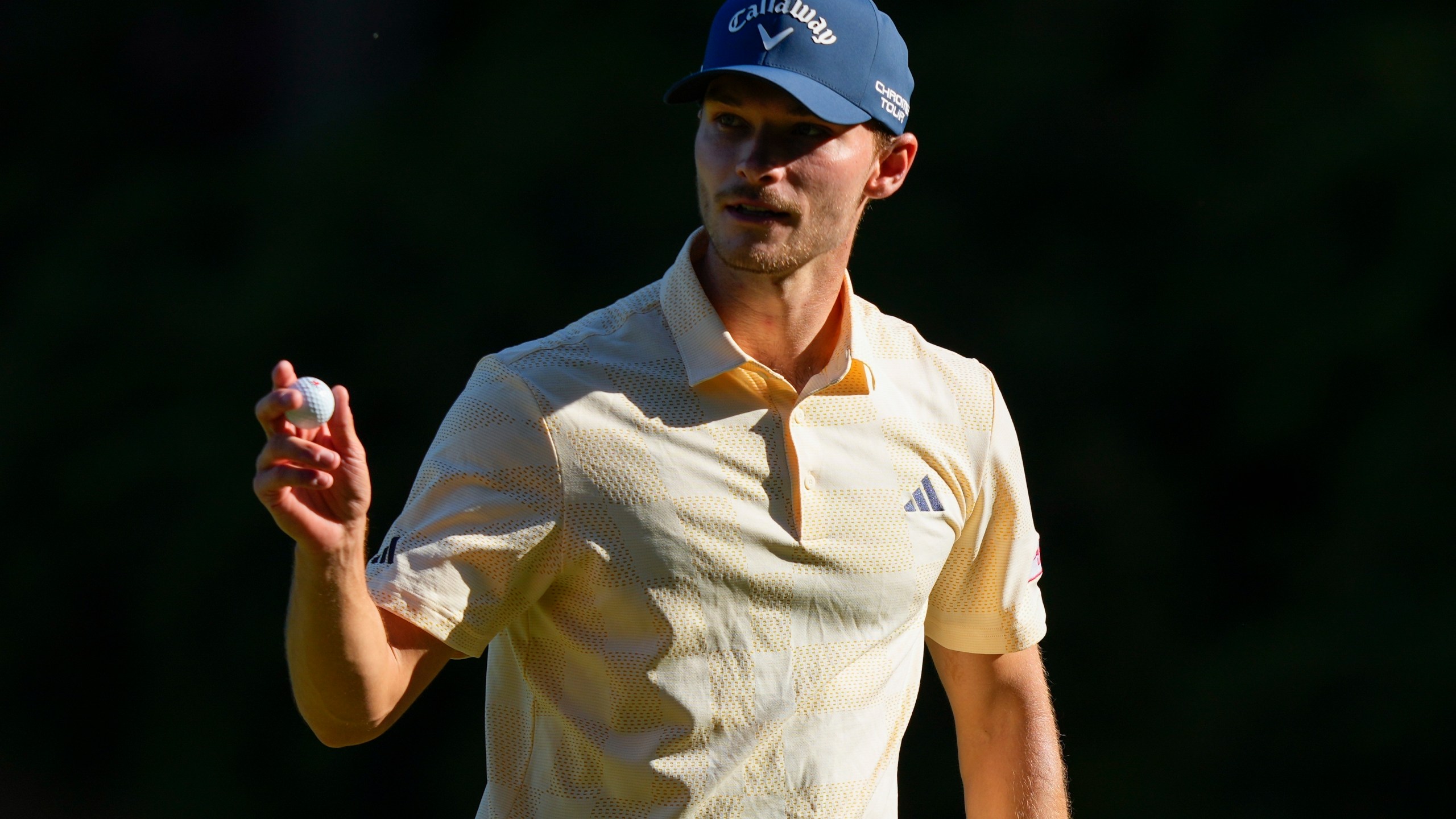 FILE - Nicolai Hojgaard, of Denmark, waves after making a putt on the 13th hole during final round at the Masters golf tournament at Augusta National Golf Club Sunday, April 14, 2024, in Augusta, Ga. (AP Photo/Matt Slocum, File)