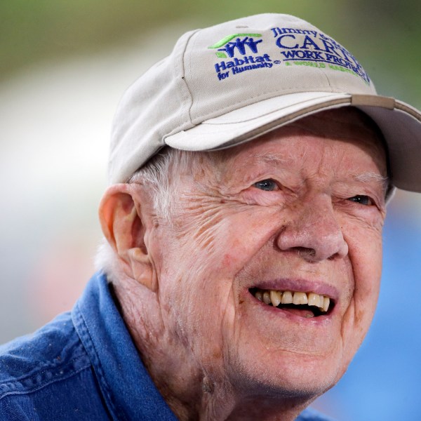 FILE - Former President Jimmy Carter answers questions during a news conference at a Habitat for Humanity building site, in Memphis, Tenn., on Nov. 2, 2015. (AP Photo/Mark Humphrey, File)