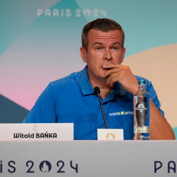 FILE - Witold Banka, president of the World Anti-Doping Agency (WADA), attends a press conference at the 2024 Summer Olympics in Paris, France, July 25, 2024. (AP Photo/Michel Euler, File)