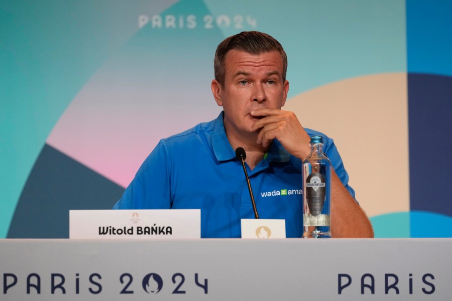 FILE - Witold Banka, president of the World Anti-Doping Agency (WADA), attends a press conference at the 2024 Summer Olympics in Paris, France, July 25, 2024. (AP Photo/Michel Euler, File)