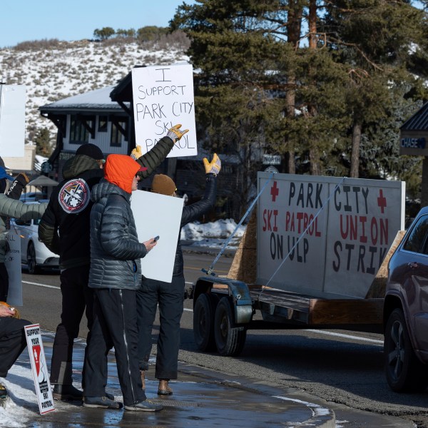 Park City Ski Patrol strike as they demand livable wages in Park City, Utah Jan 7. 2025, (AP Photo/Melissa Majchrzak)