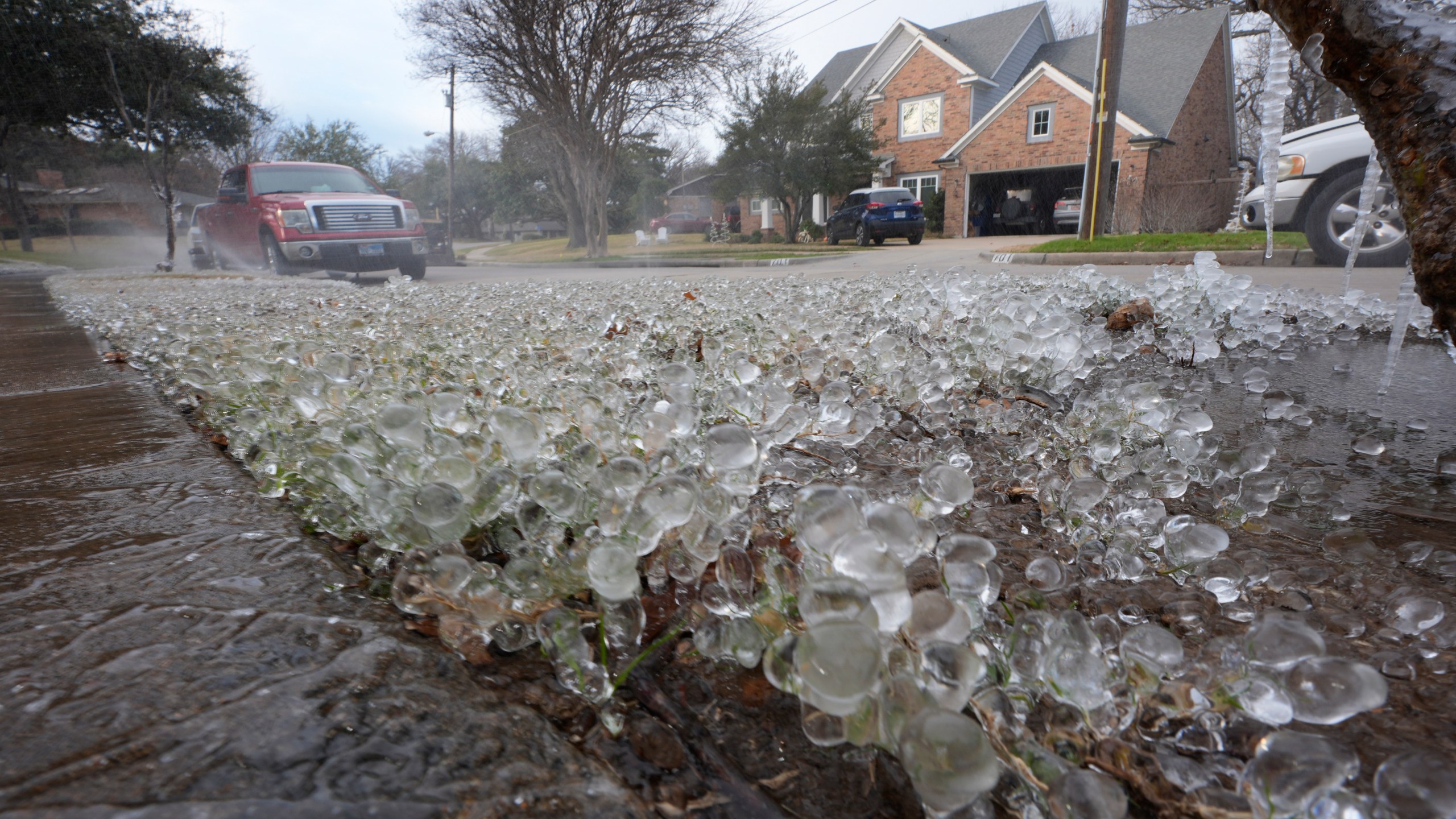 Cold temperatures and a lawn sprinkler create ice on grass ahead of a winter storm expected to hit the North Texas region later tomorrow Wednesday, Jan. 8, 2025, in Richardson, Texas. (AP Photo/LM Otero)