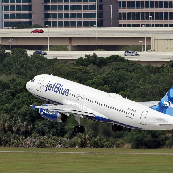 FILE - A JetBlue Airways Airbus A320-232 takes off from the Tampa International Airport in Tampa, Fla., May 15, 2014 (AP Photo/Chris O'Meara, File)