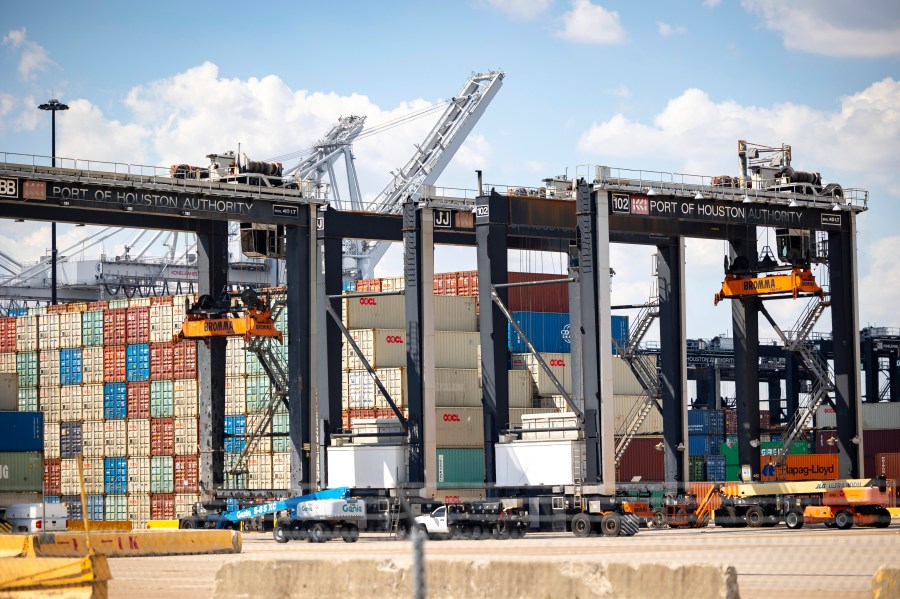 FILE - Work is completely stopped at the Barbours Cut Container Terminal during the first day of a dockworkers strike on Tuesday, Oct. 1, 2024, in Houston. (AP Photo/Annie Mulligan, File)