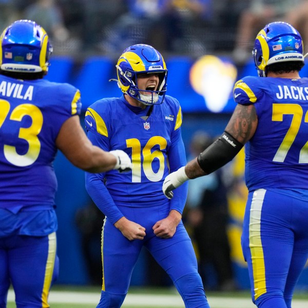 Los Angeles Rams place kicker Joshua Karty (16) reacts after making a field goal during the first half of an NFL football game against the Seattle Seahawks, Sunday, Jan. 5, 2025, in Inglewood, Calif. (AP Photo/Mark J. Terrill)