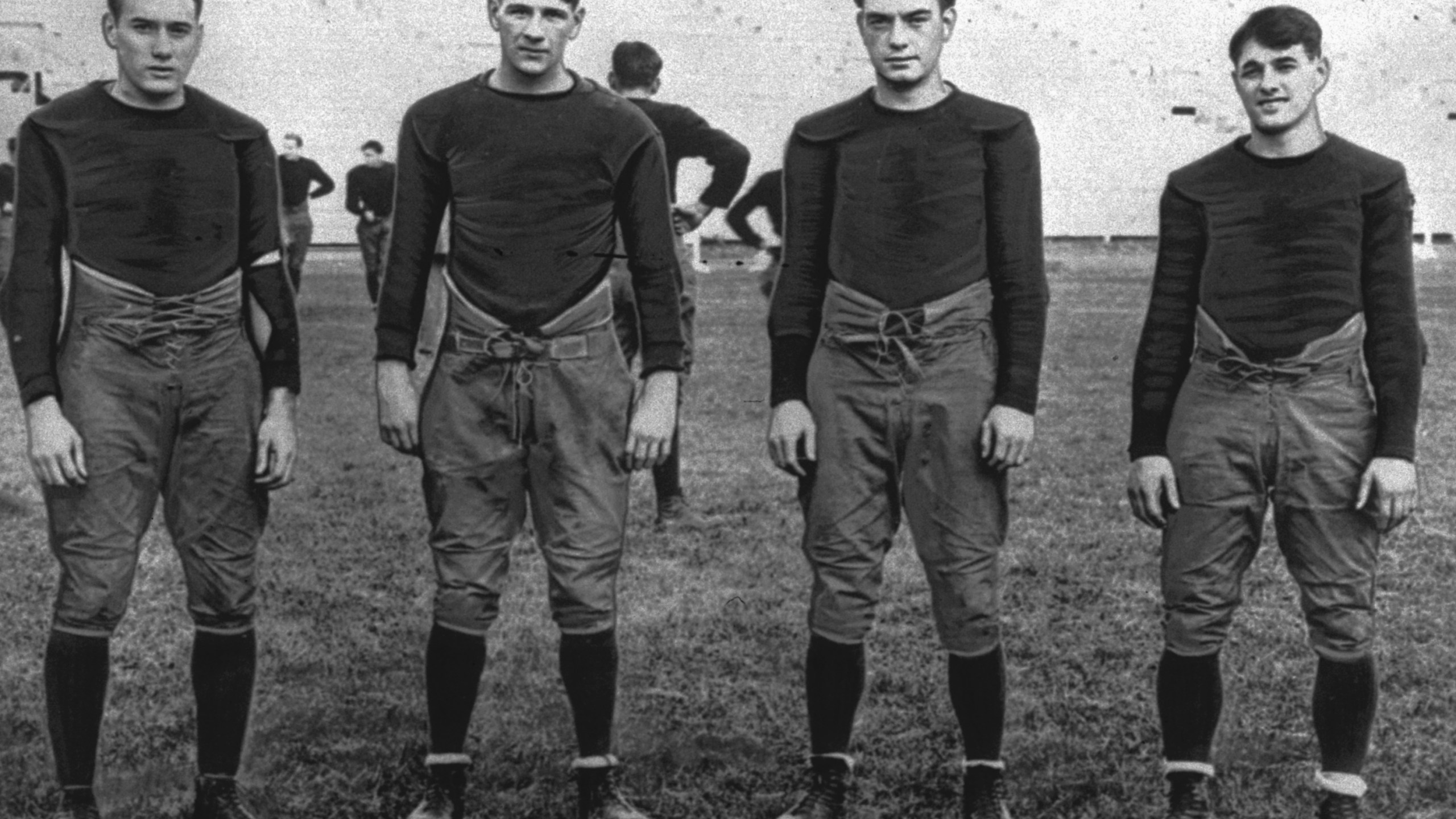 FILE - In this 1924, file photo, Notre Dame's infamous backfield, "The Four Horsemen," from left, Don Miller, Elmer Layden, Jim Crowley and Harry Stuhldreherare pose on the practice field in South Bend, Ind. (AP Photo/File)