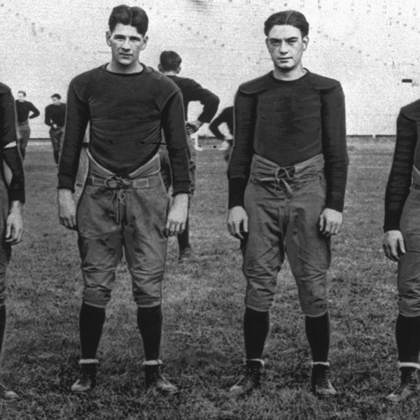 FILE - In this 1924, file photo, Notre Dame's infamous backfield, "The Four Horsemen," from left, Don Miller, Elmer Layden, Jim Crowley and Harry Stuhldreherare pose on the practice field in South Bend, Ind. (AP Photo/File)