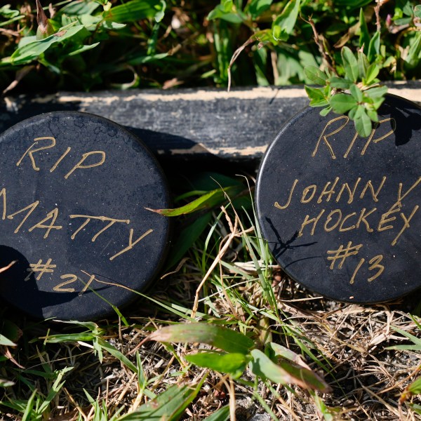 FILE - Shown is a makeshift memorial for NHL hockey player Johnny Gaudreau and his brother Matthew who were killed by a suspected drunken driver as they bicycled on a rural road, Sept. 5, 2024, in Oldmans Township , N.J. (AP Photo/Matt Rourke, file)