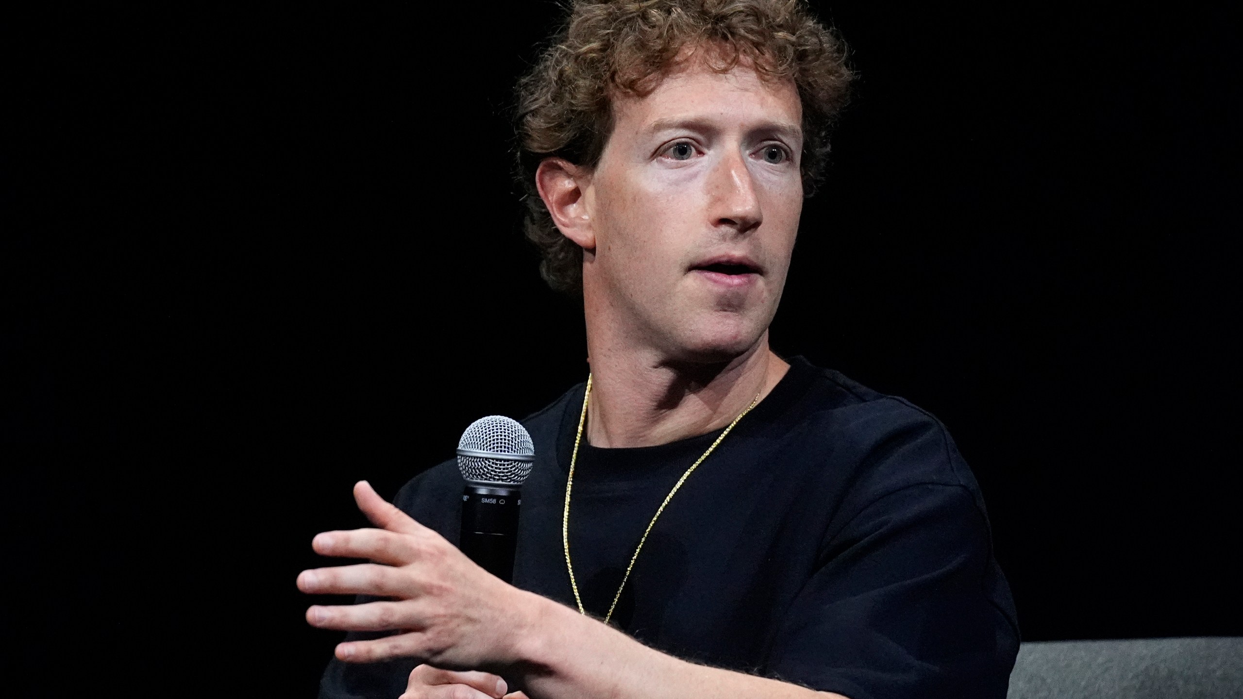 Mark Zuckerberg, chief executive officer of Meta, makes a point during an appearance at SIGGRAPH 2024, the premier conference on computer graphics and interactive techniques, Monday, July 29, 2024, in the Colorado Convention Center in downtown Denver. (AP Photo/David Zalubowski)