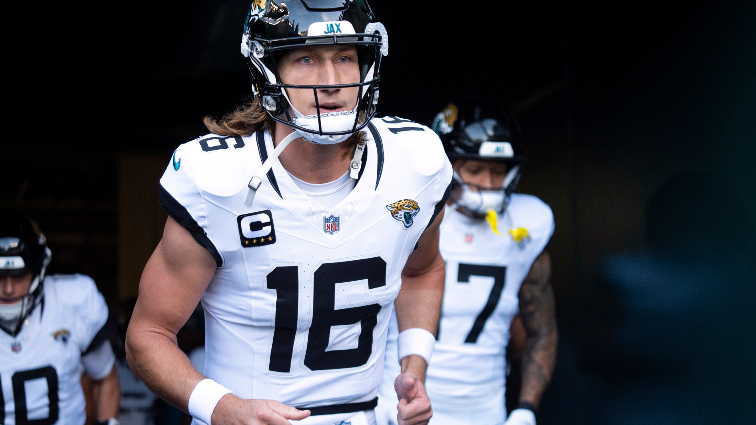 FILE - Jacksonville Jaguars quarterback Trevor Lawrence (16) heads out of the tunnel during the NFL football game against the Philadelphia Eagles, Sunday, Nov. 3, 2024, in Philadelphia. (AP Photo/Chris Szagola, File)