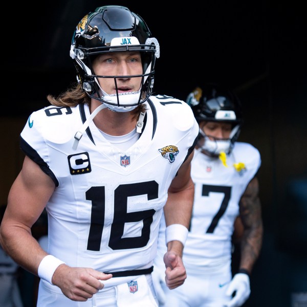 FILE - Jacksonville Jaguars quarterback Trevor Lawrence (16) heads out of the tunnel during the NFL football game against the Philadelphia Eagles, Sunday, Nov. 3, 2024, in Philadelphia. (AP Photo/Chris Szagola, File)