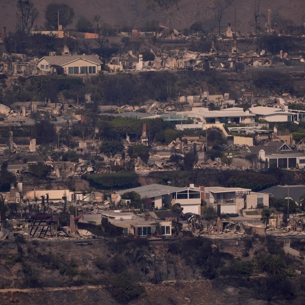 The devastation from the Palisades Fire is seen from the air in the Pacific Palisades neighborhood of Los Angeles, Thursday, Jan. 9, 2025. (AP Photo/Mark J. Terrill)