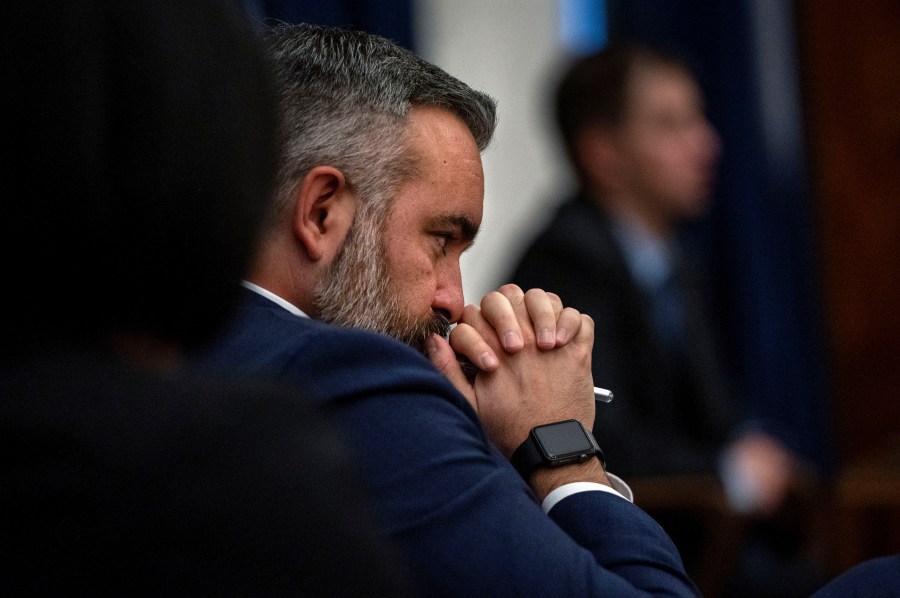 FILE - New Mexico Attorney General Raul Torrez listens to oral arguments dealing with local municipalities implementing ordinances restricting abortion, Dec. 13, 2023 in Santa Fe, N.M. . (Eddie Moore/The Albuquerque Journal via AP, file)