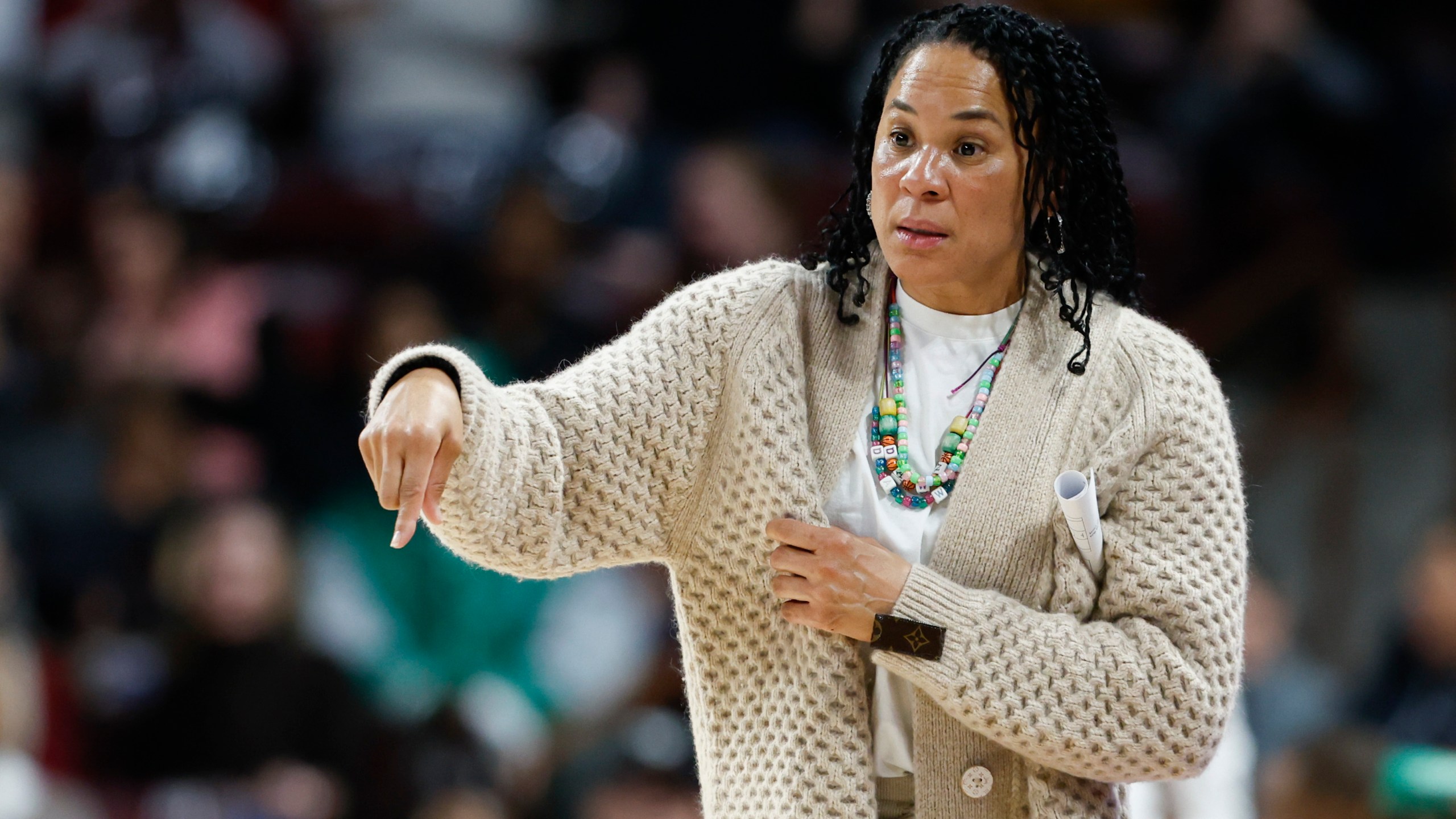 South Carolina head coach Dawn Staley questions a call during the first half of an NCAA college basketball game against Texas A&M in Columbia, S.C., Thursday, Jan. 9, 2025. (AP Photo/Nell Redmond)