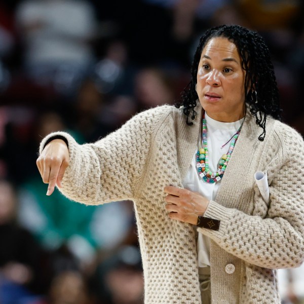 South Carolina head coach Dawn Staley questions a call during the first half of an NCAA college basketball game against Texas A&M in Columbia, S.C., Thursday, Jan. 9, 2025. (AP Photo/Nell Redmond)