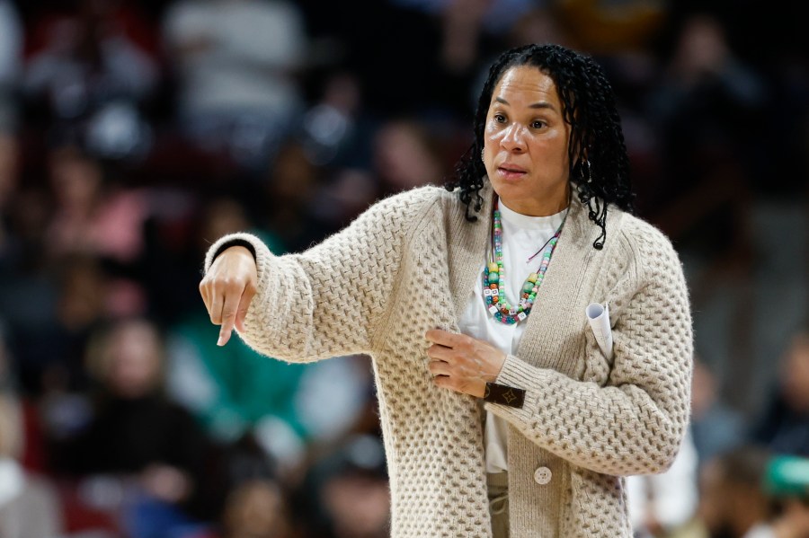 South Carolina head coach Dawn Staley questions a call during the first half of an NCAA college basketball game against Texas A&M in Columbia, S.C., Thursday, Jan. 9, 2025. (AP Photo/Nell Redmond)