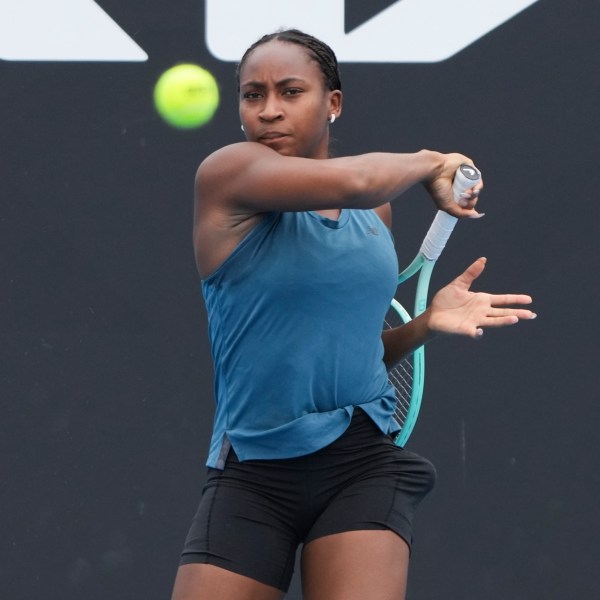 Coco Gauff of the United States plays a forehand return during a practice session ahead of the Australian Open tennis championship in Melbourne, Australia, Thursday, Jan. 9, 2025. (AP Photo/Mark Baker)