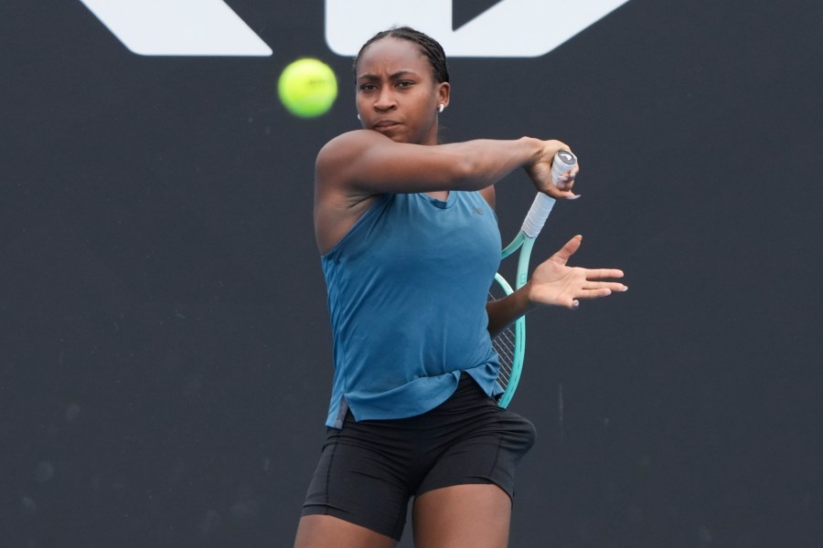 Coco Gauff of the United States plays a forehand return during a practice session ahead of the Australian Open tennis championship in Melbourne, Australia, Thursday, Jan. 9, 2025. (AP Photo/Mark Baker)