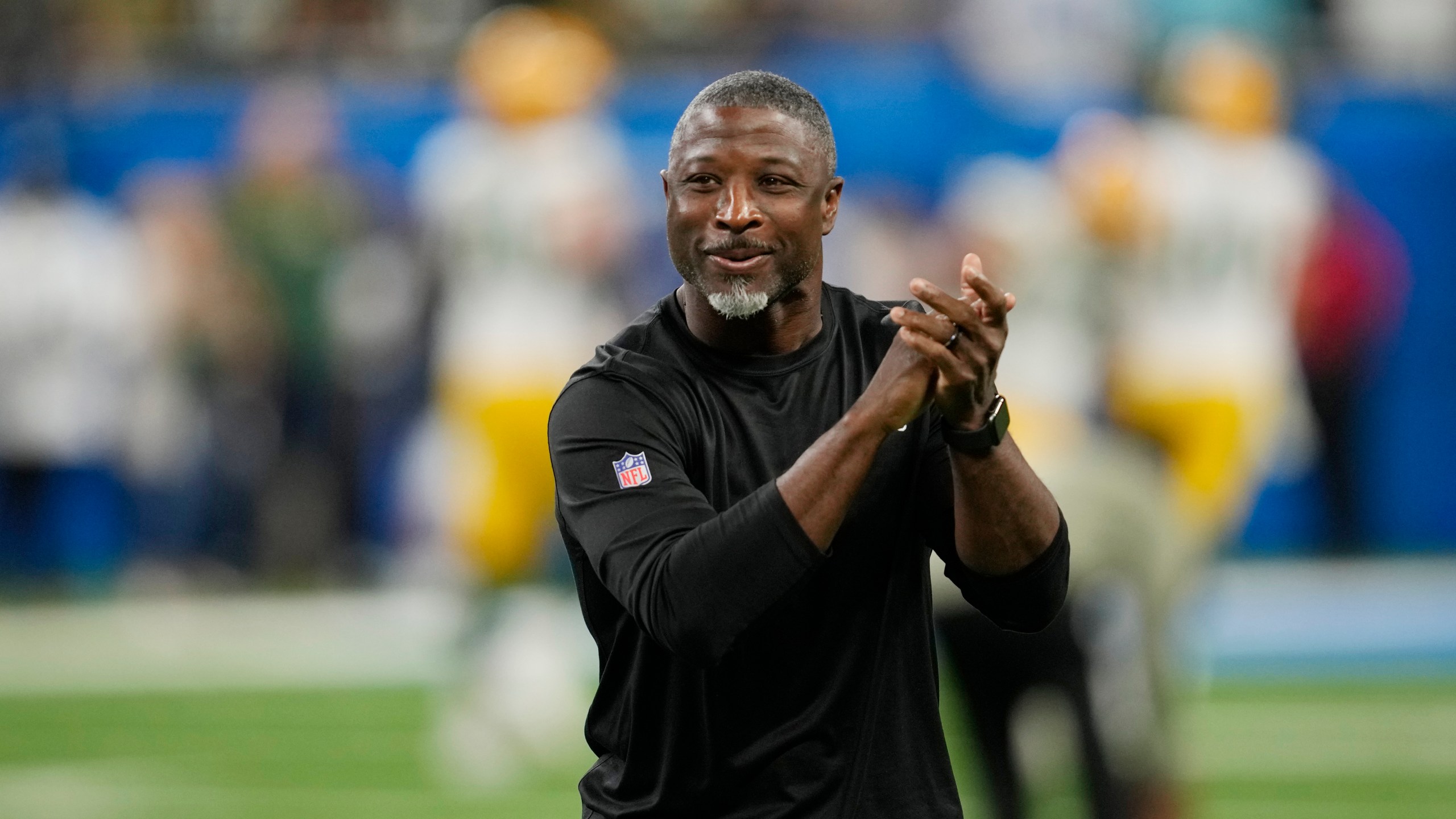 FILE - Detroit Lions defensive coordinator Aaron Glenn looks on during pregame of an NFL football game against the Green Bay Packers, Nov. 6, 2022, in Detroit. (AP Photo/Paul Sancya, File)