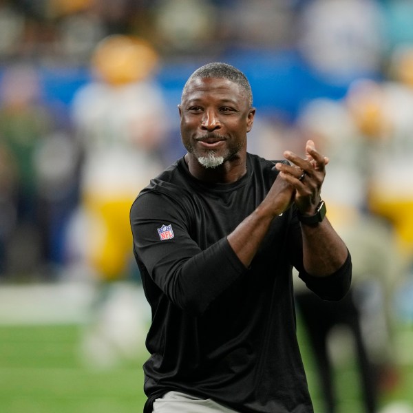 FILE - Detroit Lions defensive coordinator Aaron Glenn looks on during pregame of an NFL football game against the Green Bay Packers, Nov. 6, 2022, in Detroit. (AP Photo/Paul Sancya, File)