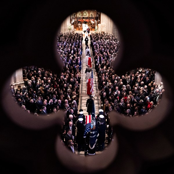 The casket of former President Jimmy Carter arrives for a state funeral at the National Cathedral, Thursday, Jan. 9, 2025, in Washington. (Haiyun Jiang/The New York Times via AP, Pool)