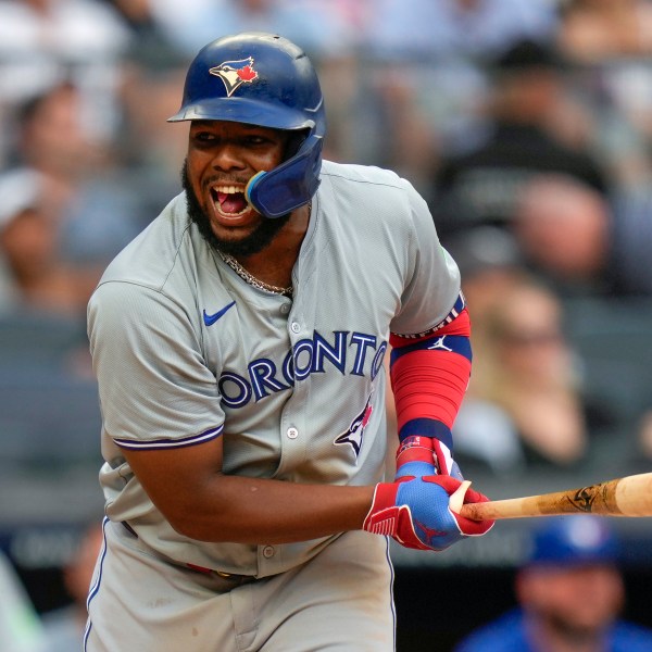 FILE - Toronto Blue Jays' Vladimir Guerrero Jr. reacts as he flies out during the eighth inning of a baseball game against the New York Yankees at Yankee Stadium, Sunday, Aug. 4, 2024, in New York. (AP Photo/Seth Wenig, File)