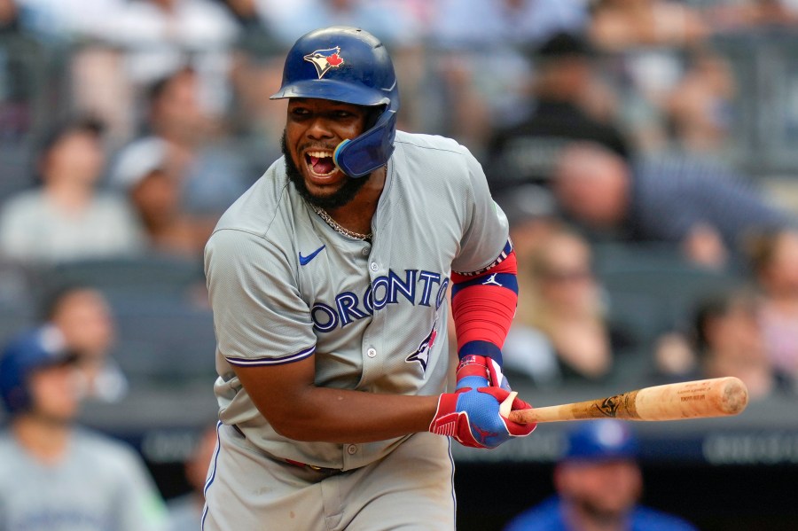 FILE - Toronto Blue Jays' Vladimir Guerrero Jr. reacts as he flies out during the eighth inning of a baseball game against the New York Yankees at Yankee Stadium, Sunday, Aug. 4, 2024, in New York. (AP Photo/Seth Wenig, File)