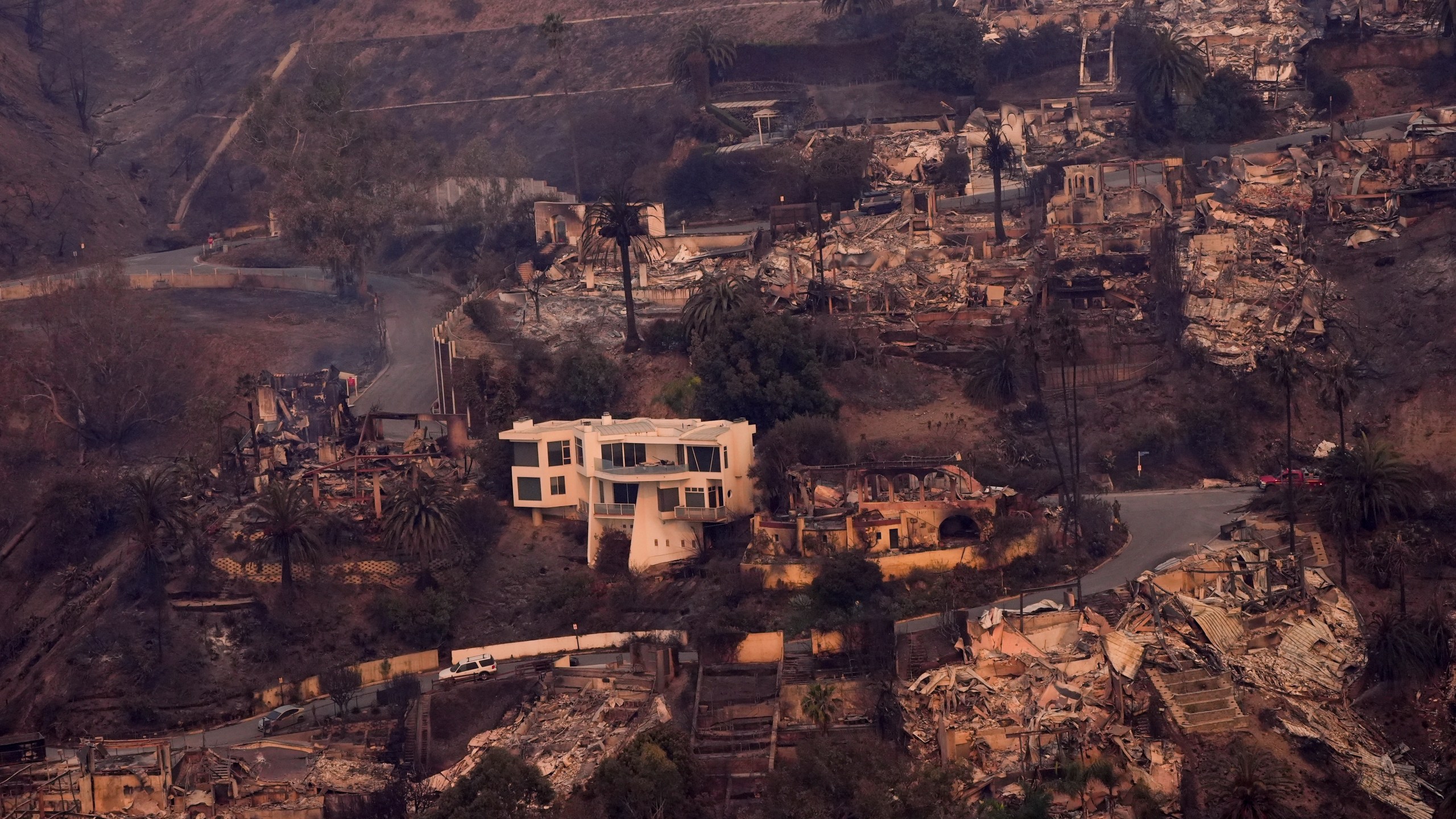 The devastation from the Palisades Fire is seen from the air in the Pacific Palisades neighborhood of Los Angeles, Thursday, Jan. 9, 2025. (AP Photo/Mark J. Terrill)