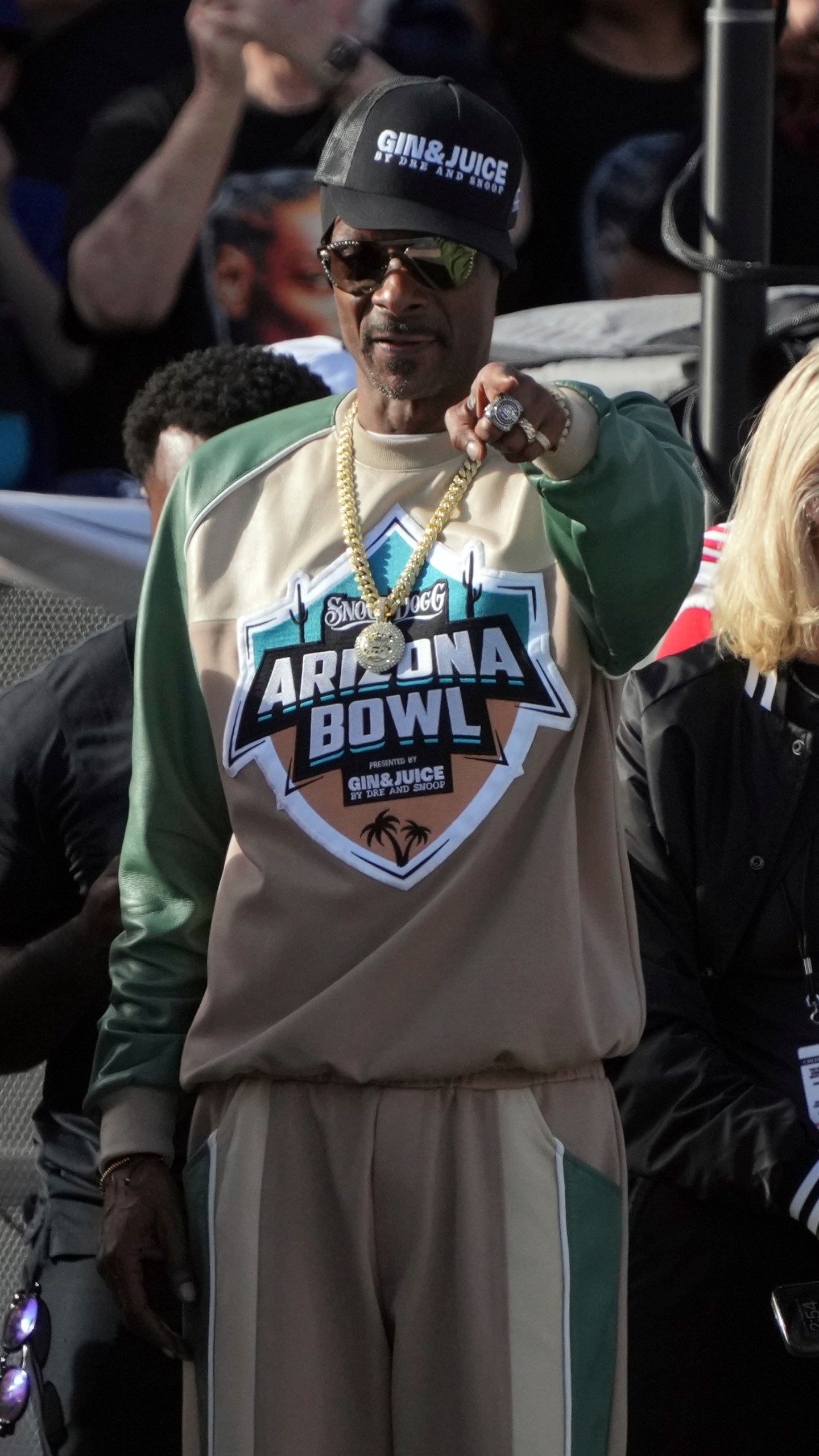 Snoop Dogg reacts after a play between Colorado State and Miami (Ohio) in the first half of the Arizona Bowl NCAA college football game, Saturday, Dec. 28, 2024, in Tucson, Ariz.