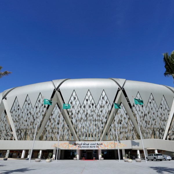 FILE - The King Abdullah sports city stadium stands in Jeddah, Saudi Arabia, Saturday, Jan. 11, 2020, on the eve of the Spanish Super Cup Final soccer match between Real Madrid and Atletico Madrid. (AP Photo/Hassan Ammar, File)