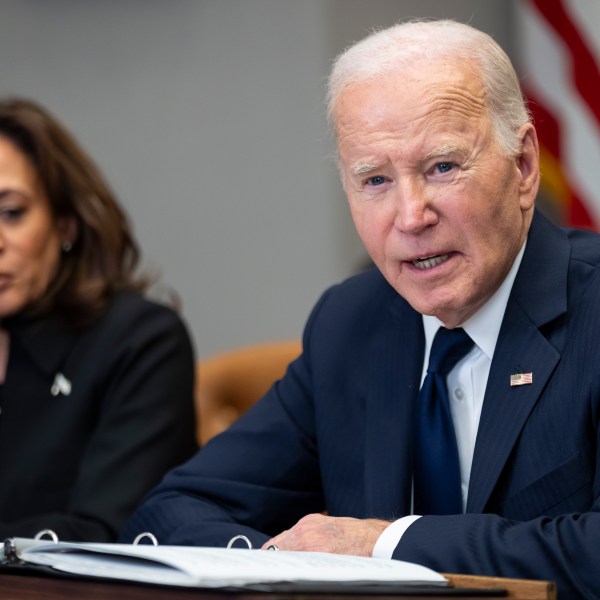 President Joe Biden and Vice President Kamala Harris lead a briefing regarding the federal response to the spread of wildfires in the Los Angeles area, in the Roosevelt Room at the White House in Washington, Thursday, Jan. 9, 2025. (AP Photo/Ben Curtis)