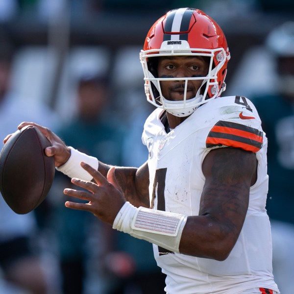 FILE - Cleveland Browns quarterback Deshaun Watson (4) in action during the NFL football game against the Philadelphia Eagles on Oct. 13, 2024, in Philadelphia. (AP Photo/Chris Szagola, File)